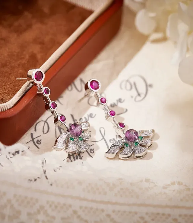Pink Green Wing-Shaped Pavé-Set Earrings 3