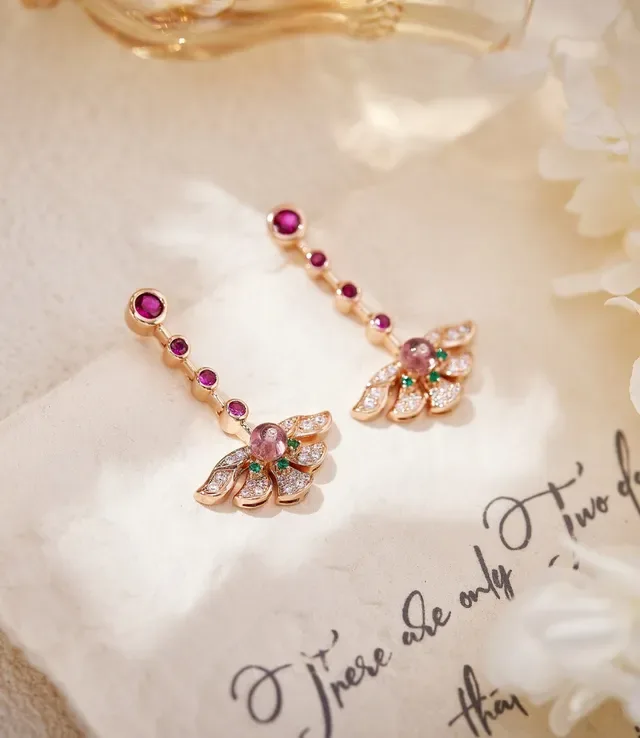 Pink Green Wing-Shaped Pavé-Set Earrings 5