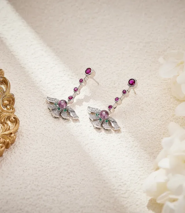 Pink Green Wing-Shaped Pavé-Set Earrings 6