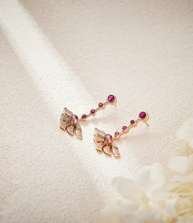 Pink Green Wing-Shaped Pavé-Set Earrings 7