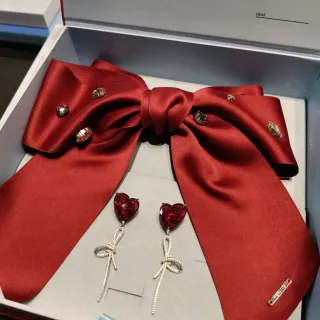 Red Crystal Heart Bow Drop Earrings