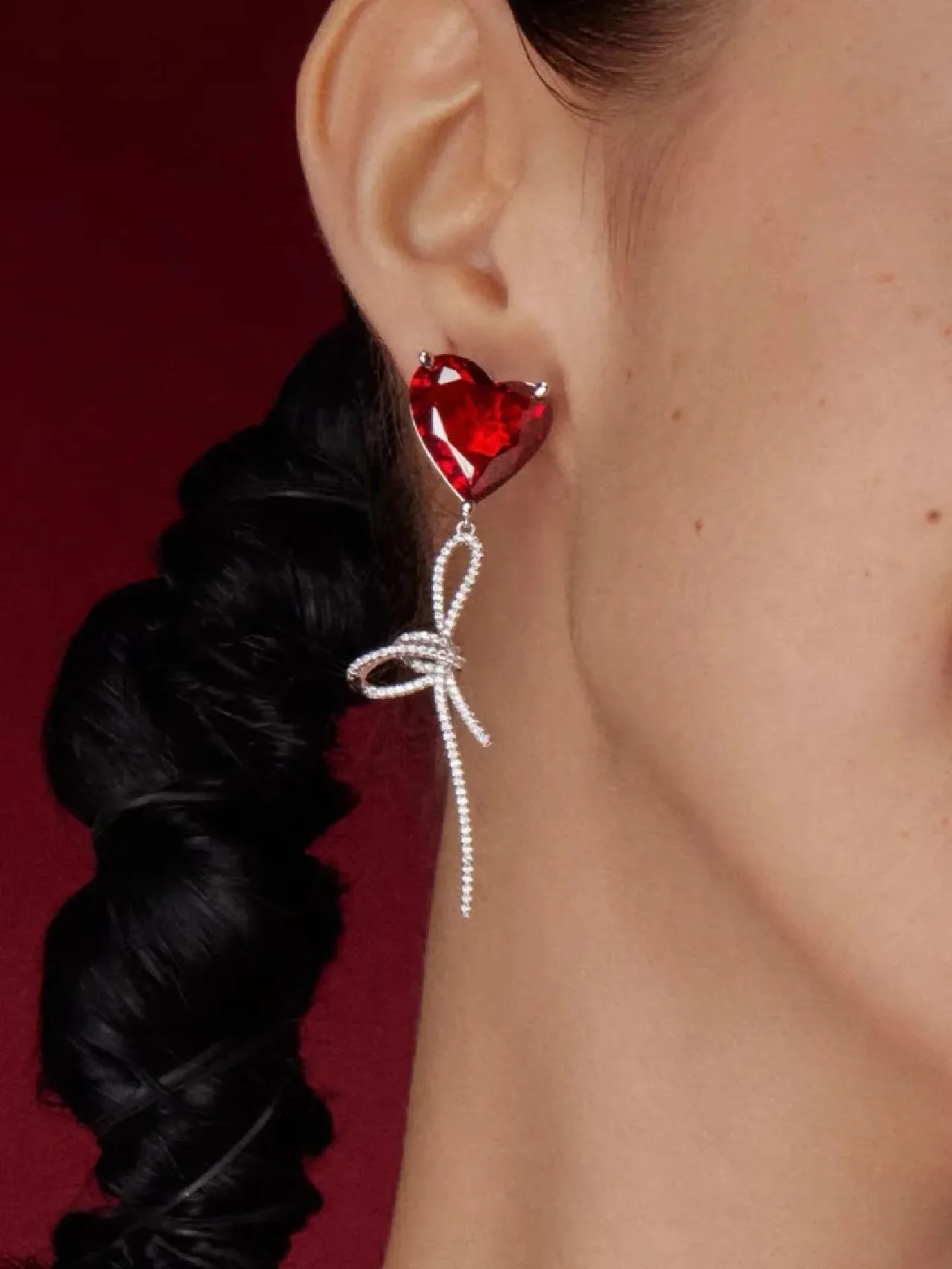 Red Crystal Heart Bow Drop Earrings 3