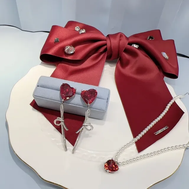 Red Crystal Heart Bow Drop Earrings 5