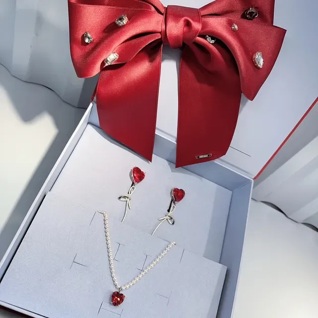 Red Crystal Heart Bow Drop Earrings 6