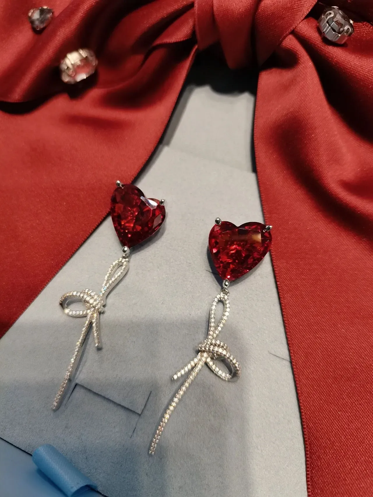 Red Crystal Heart Bow Drop Earrings 9