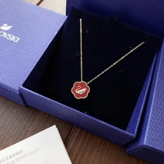 Red Enamel Floral Swan Pendant Necklace 2