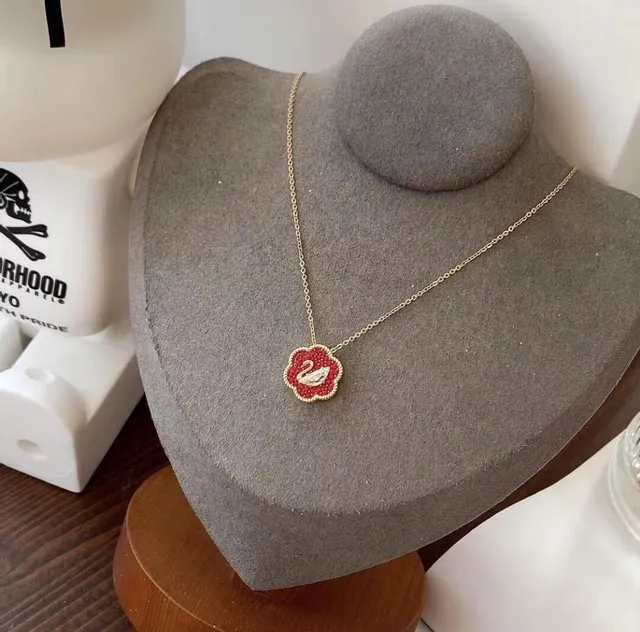 Red Enamel Floral Swan Pendant Necklace 3