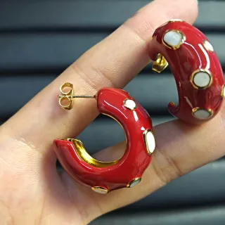 Red Gold Glossy Enamel Metal Accents Earrings