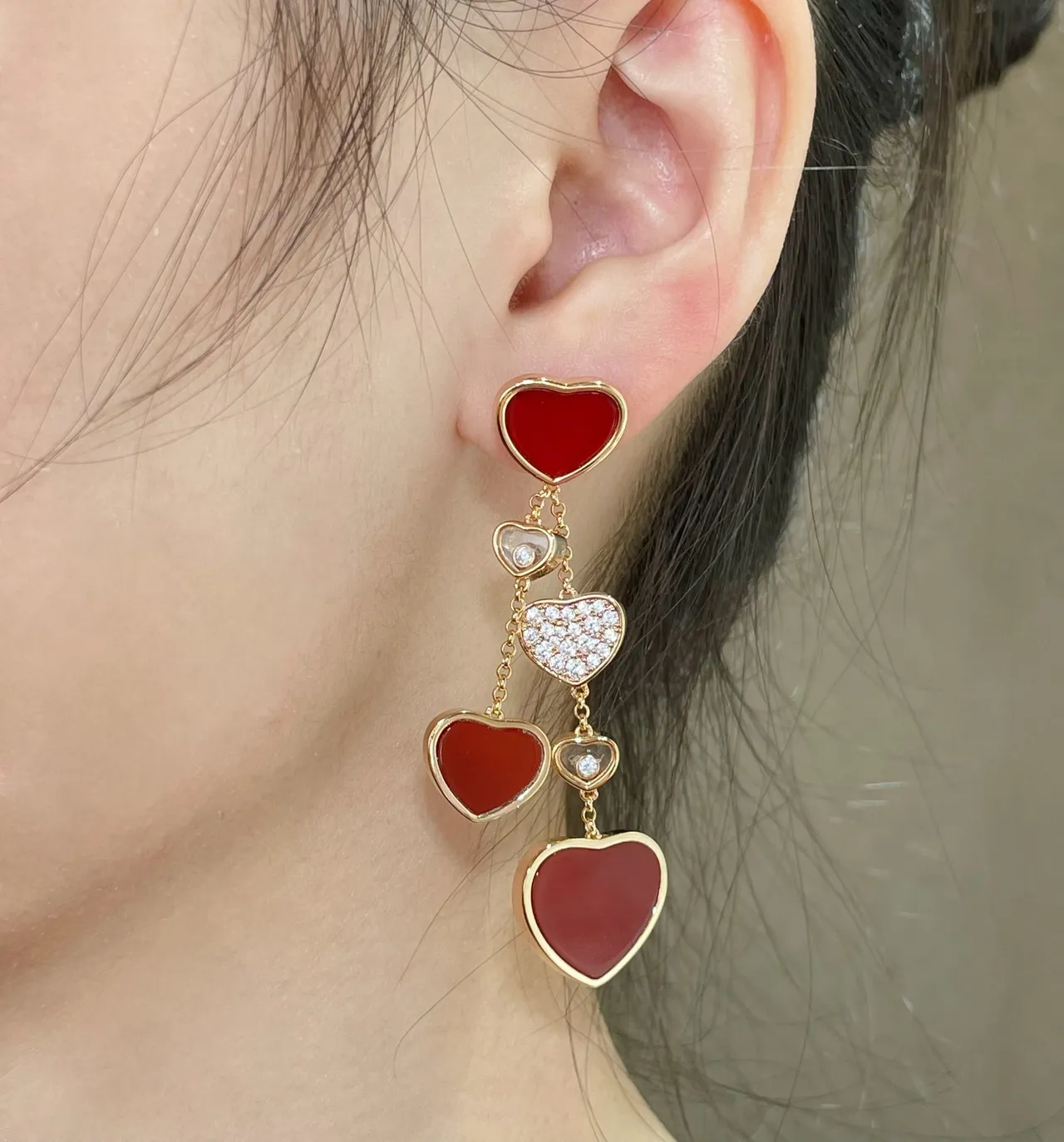 Red Gold Multi-Heart Dangle Metal Earrings 9