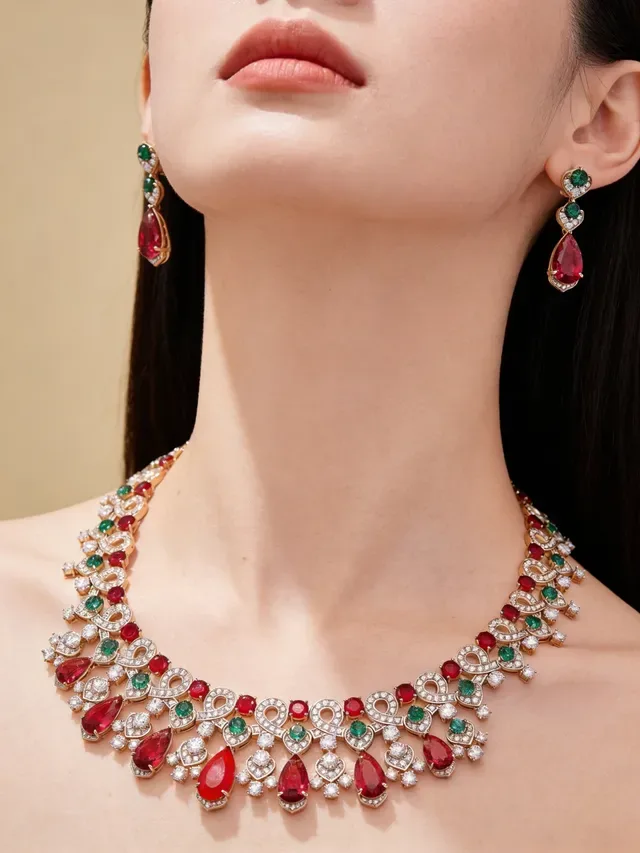 Red Green Bib-Style Multi-Gemstone Necklace 6