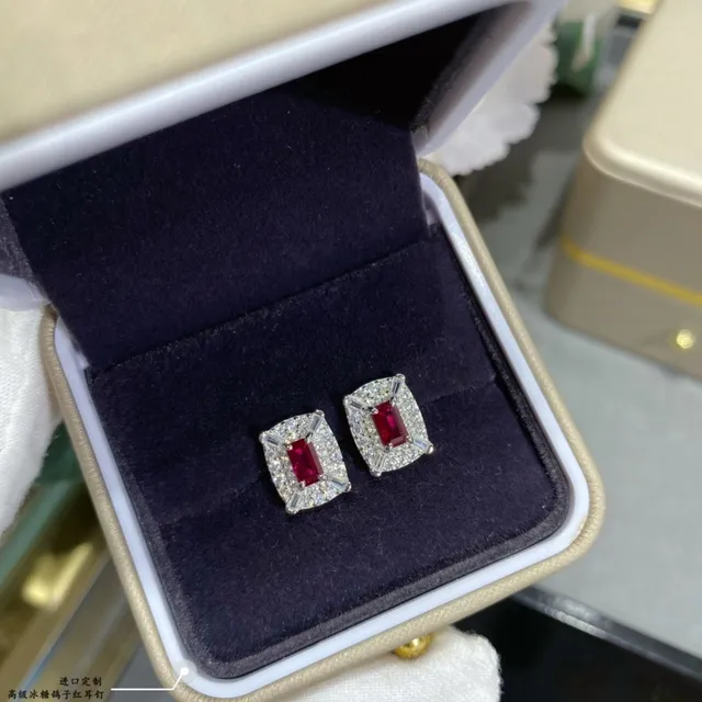 Red Silver Rectangular Cushion-Cut Center Stone Halo Pavé Setting Earrings 2
