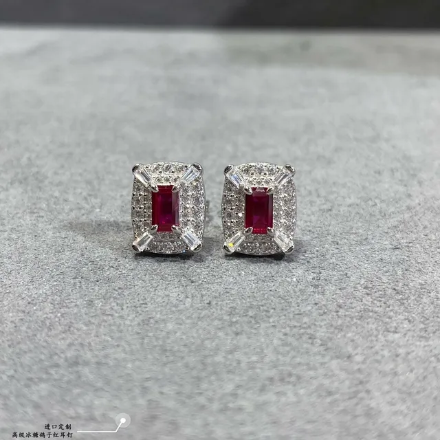 Red Silver Rectangular Cushion-Cut Center Stone Halo Pavé Setting Earrings 3