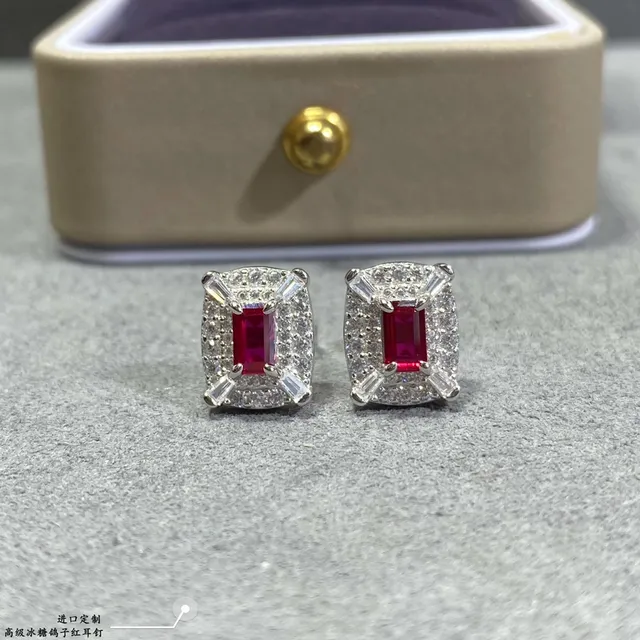 Red Silver Rectangular Cushion-Cut Center Stone Halo Pavé Setting Earrings 6