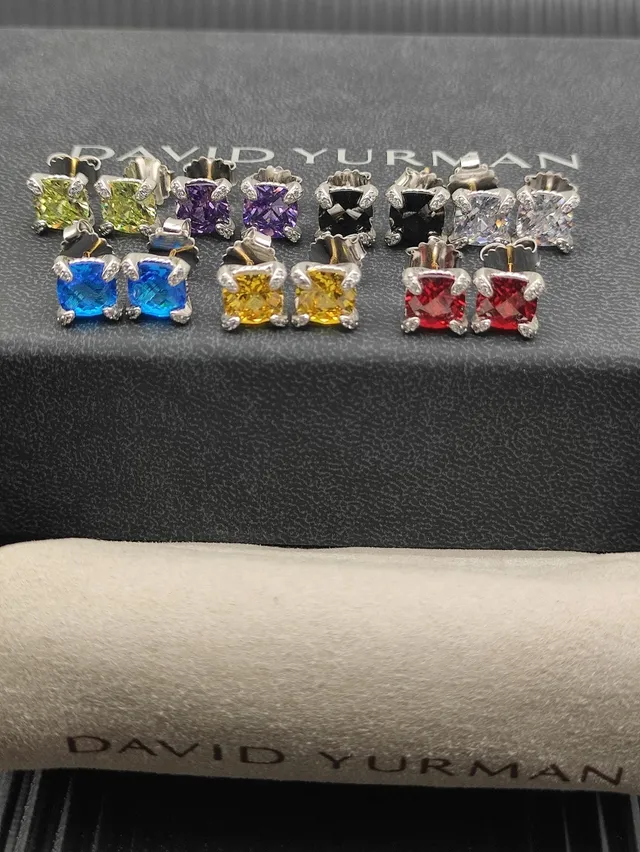 Red Silver Square-Cut Gemstone Metal Earrings 3