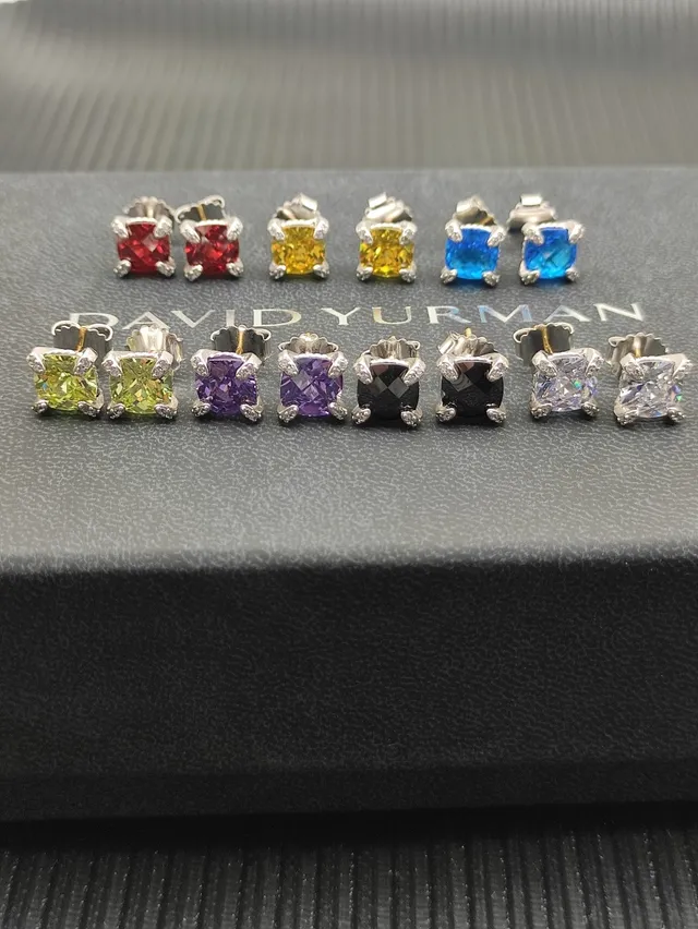 Red Silver Square-Cut Gemstone Metal Earrings 5