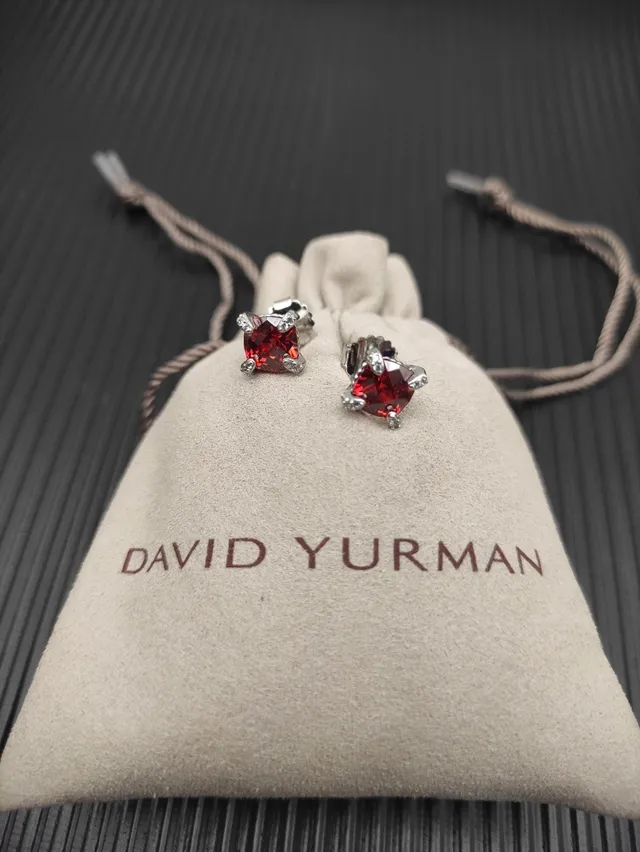 Red Silver Square-Cut Gemstone Metal Earrings 7