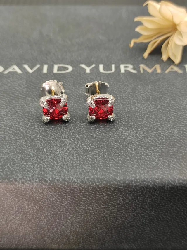Red Silver Square-Cut Gemstone Metal Earrings 8