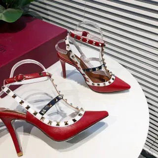 Red Studded T-Strap Pointed-Toe Stilettos