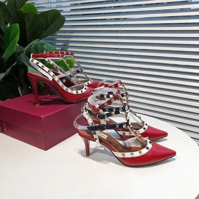 Red Studded T-Strap Pointed-Toe Stilettos 2