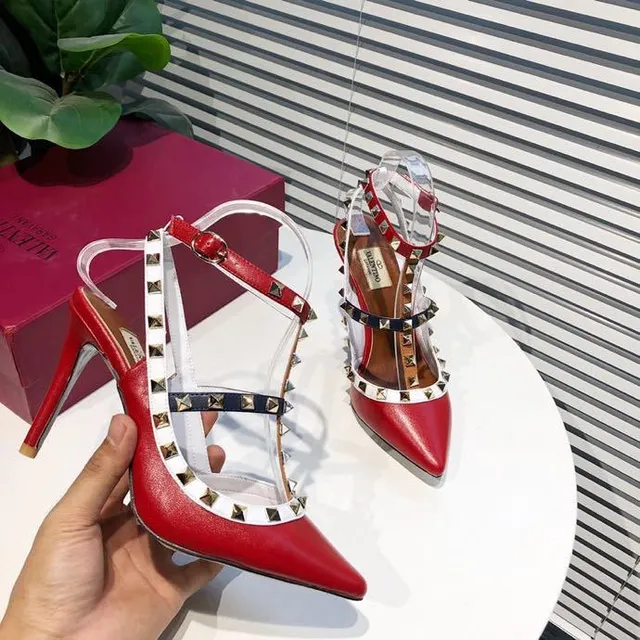 Red Studded T-Strap Pointed-Toe Stilettos 3