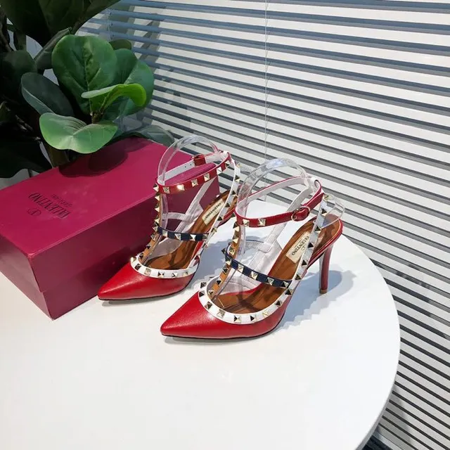Red Studded T-Strap Pointed-Toe Stilettos 4