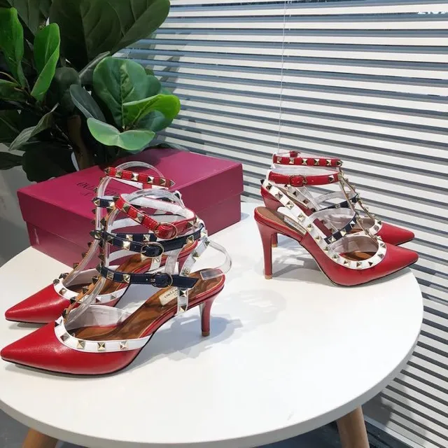 Red Studded T-Strap Pointed-Toe Stilettos 5