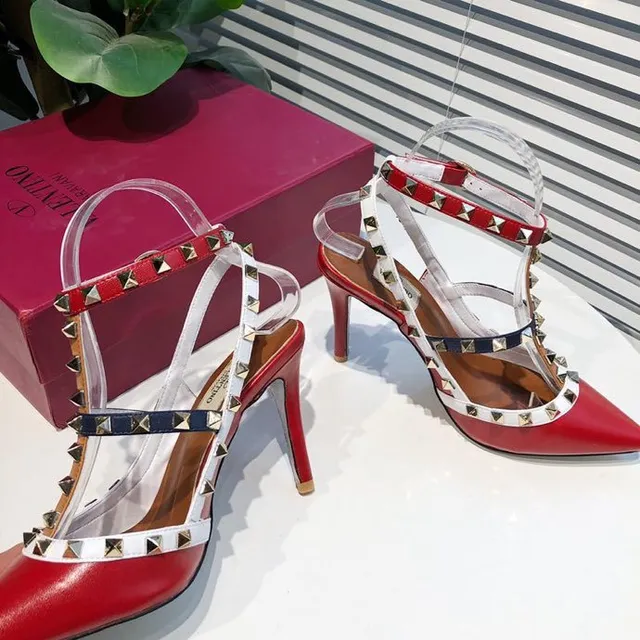 Red Studded T-Strap Pointed-Toe Stilettos 6