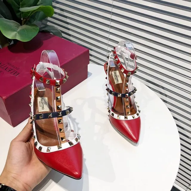 Red Studded T-Strap Pointed-Toe Stilettos 7