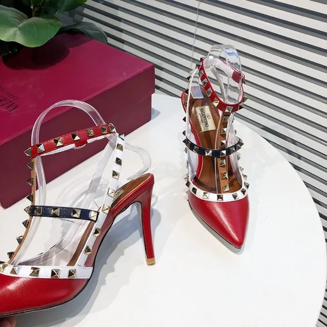 Red Studded T-Strap Pointed-Toe Stilettos 8