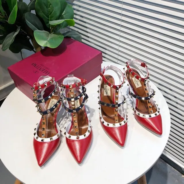Red Studded T-Strap Pointed-Toe Stilettos 9