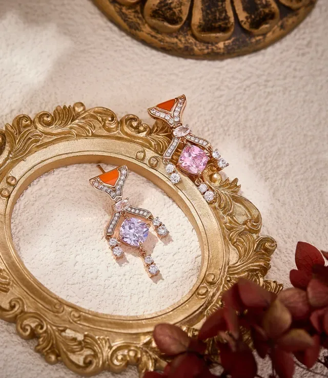 Rose Gold Pink and Orange Gemstone Bow-Style Drop Earrings 2