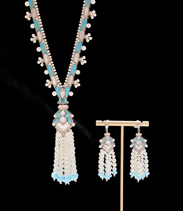 Rose Gold Turquoise and Pearl Tassel Pendant Necklace 3