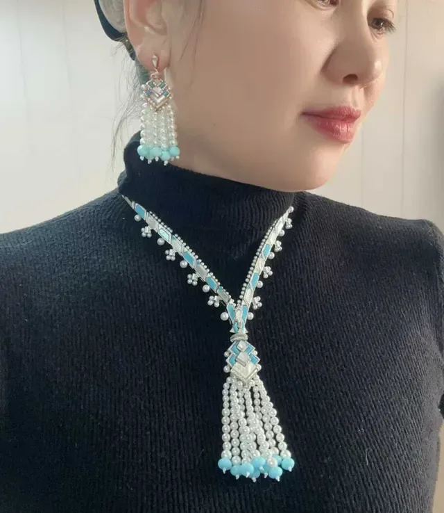 Rose Gold Turquoise and Pearl Tassel Pendant Necklace 4