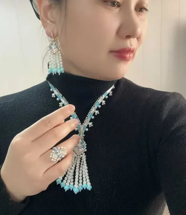 Rose Gold Turquoise and Pearl Tassel Pendant Necklace 5