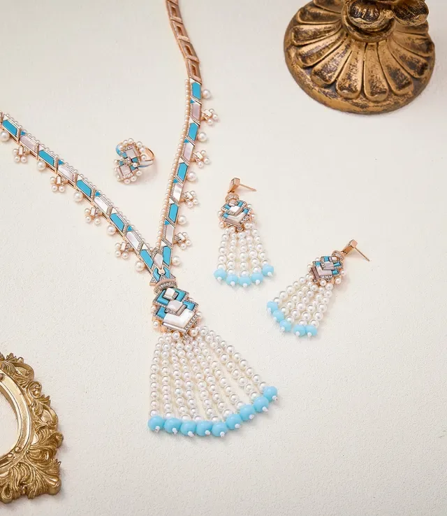 Rose Gold Turquoise and Pearl Tassel Pendant Necklace 6