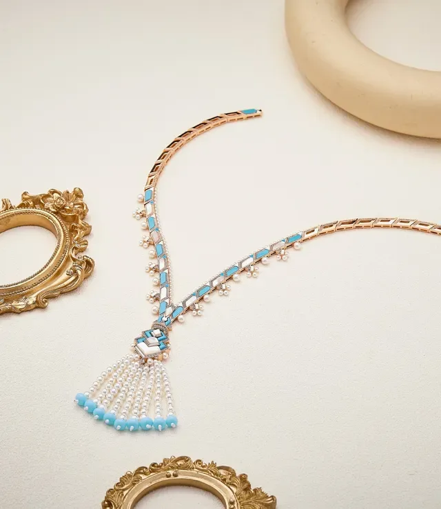 Rose Gold Turquoise and Pearl Tassel Pendant Necklace 7