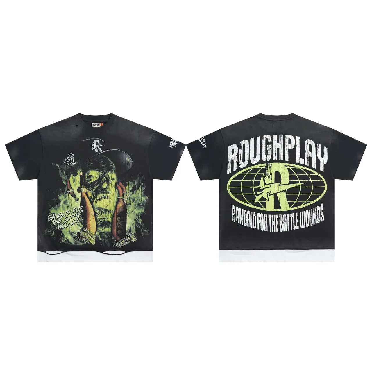 ROUGH Black Green Oversized Fit Graphic-Print Front T-Shirt 2