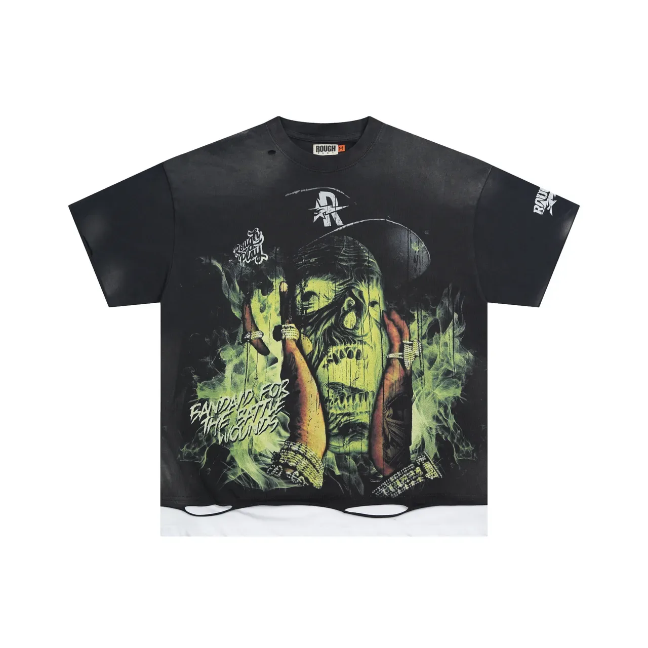 ROUGH Black Green Oversized Fit Graphic-Print Front T-Shirt 3
