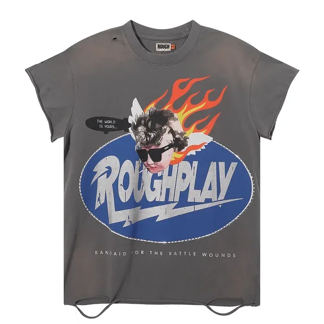 ROUGH Roughplay Distressed Graphic Gray T-Shirt 4