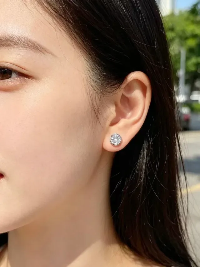 Round Bezel-Set Faceted Clear Stone Stud Earrings 2