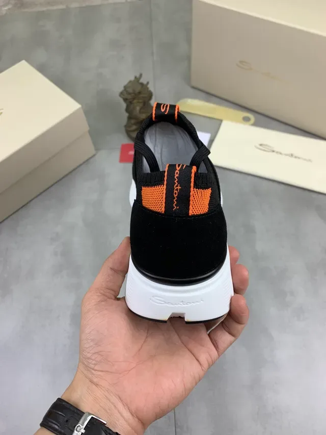 Santoni Black Orange Knit Upper Suede Paneling Sneakers 2
