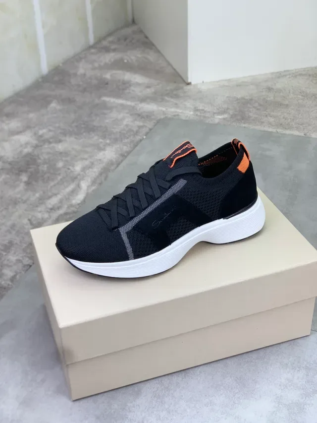 Santoni Black Orange Knit Upper Suede Paneling Sneakers 4