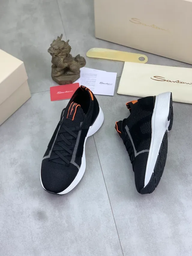 Santoni Black Orange Knit Upper Suede Paneling Sneakers 5
