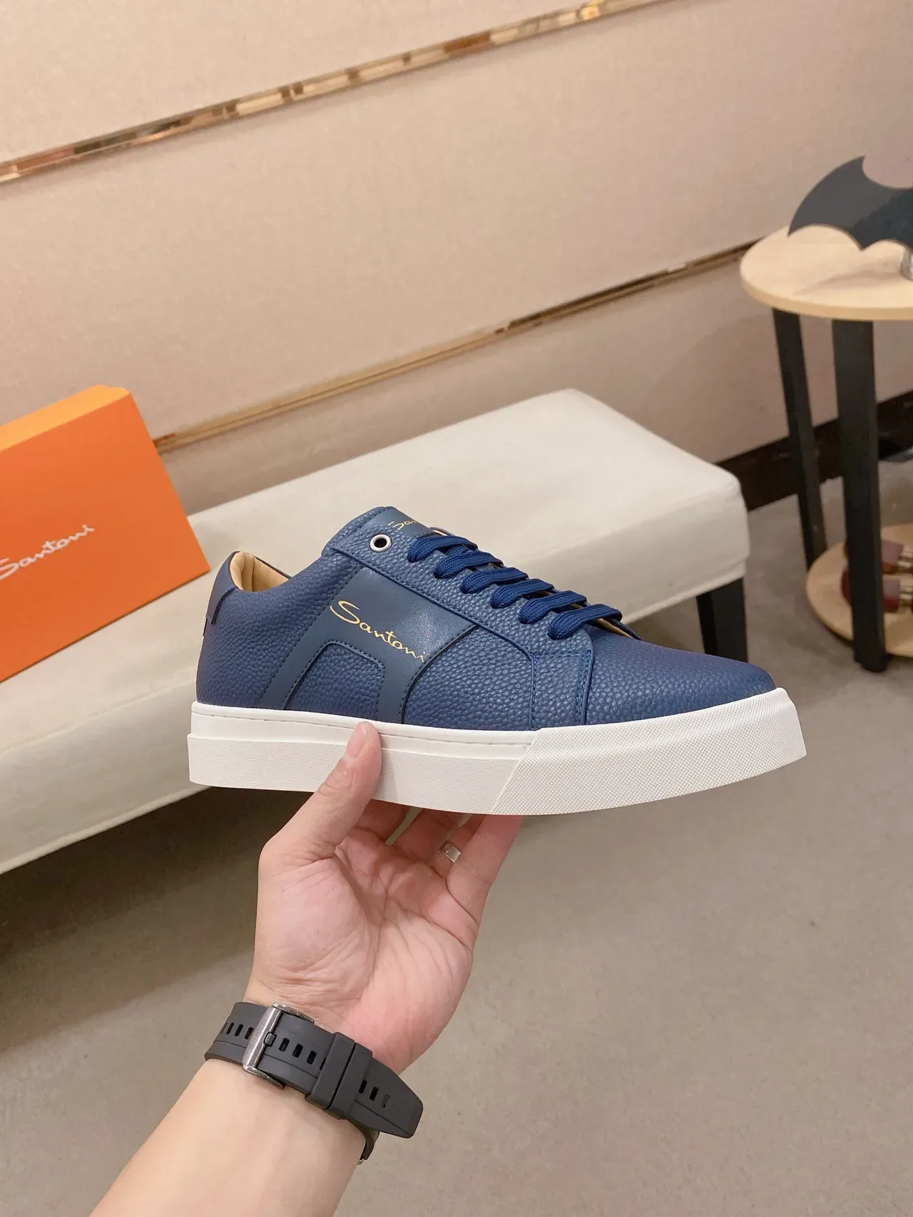 Santoni Blue Pebbled Leather Low-Top Sneaker 5