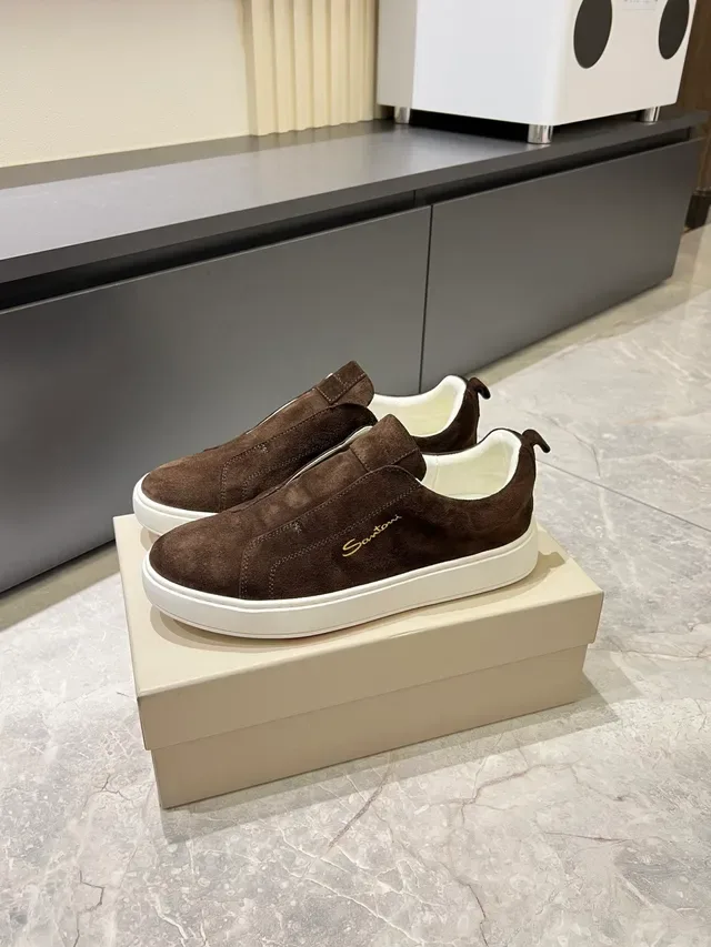 Santoni Sneakers Lifestyle Slip-On Daim Marron et Blanc 5