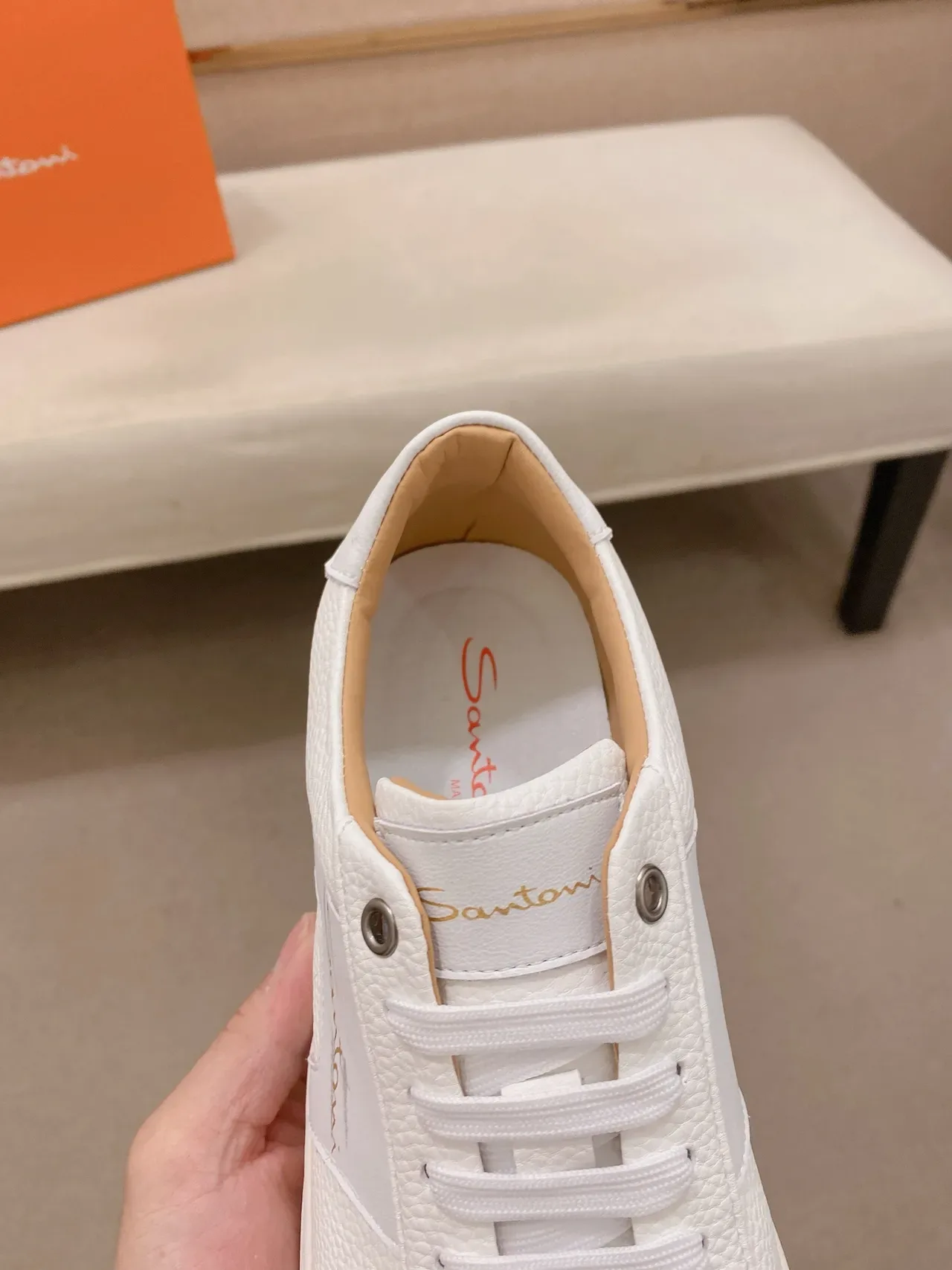 Santoni White Leather-Textured Logo Sneaker 4