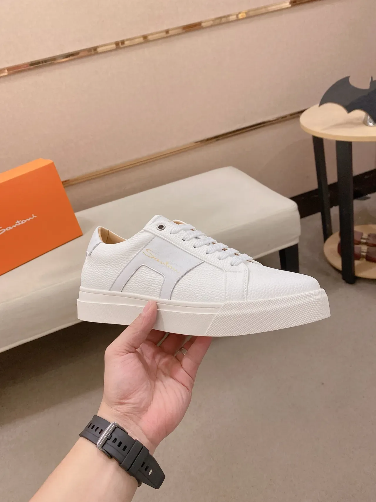 Santoni White Leather-Textured Logo Sneaker 5