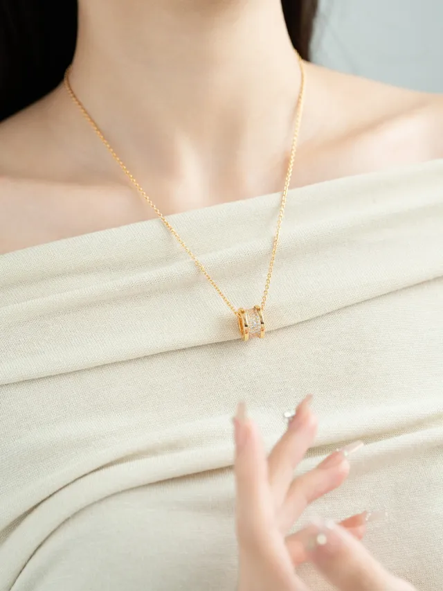 Silver and Gold Tone Pavé Barrel Pendant Necklaces 4