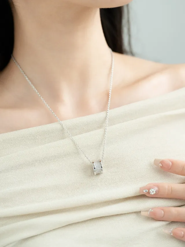 Silver and Gold Tone Pavé Barrel Pendant Necklaces 6