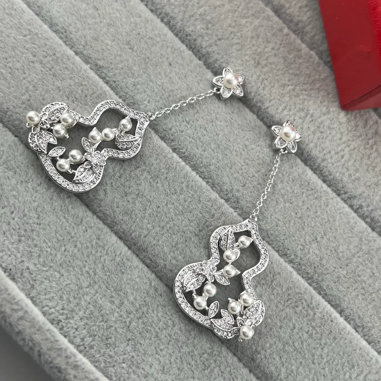 Silver and Gold Tone Pearl and Pavé Heart Floral Drop Earrings 3